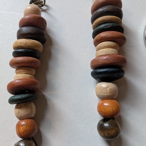 Vintage Silver Tone Brown Wooden Bead Tribal Ethnic Statement Earrings - Picture 2 of 3